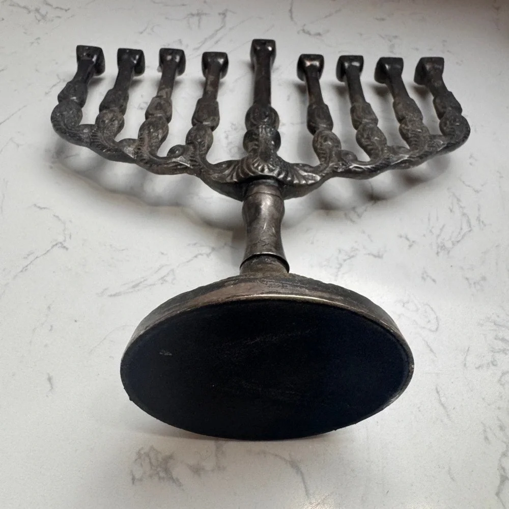Vintage Brass Tone Hanukkah Menorah Ornate Scroll Design Judaica Candelabra